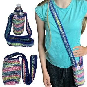 Handmade Multicolor Crochet Water Bottle Holder Bag Wheat Stitch Boho Crossbody
